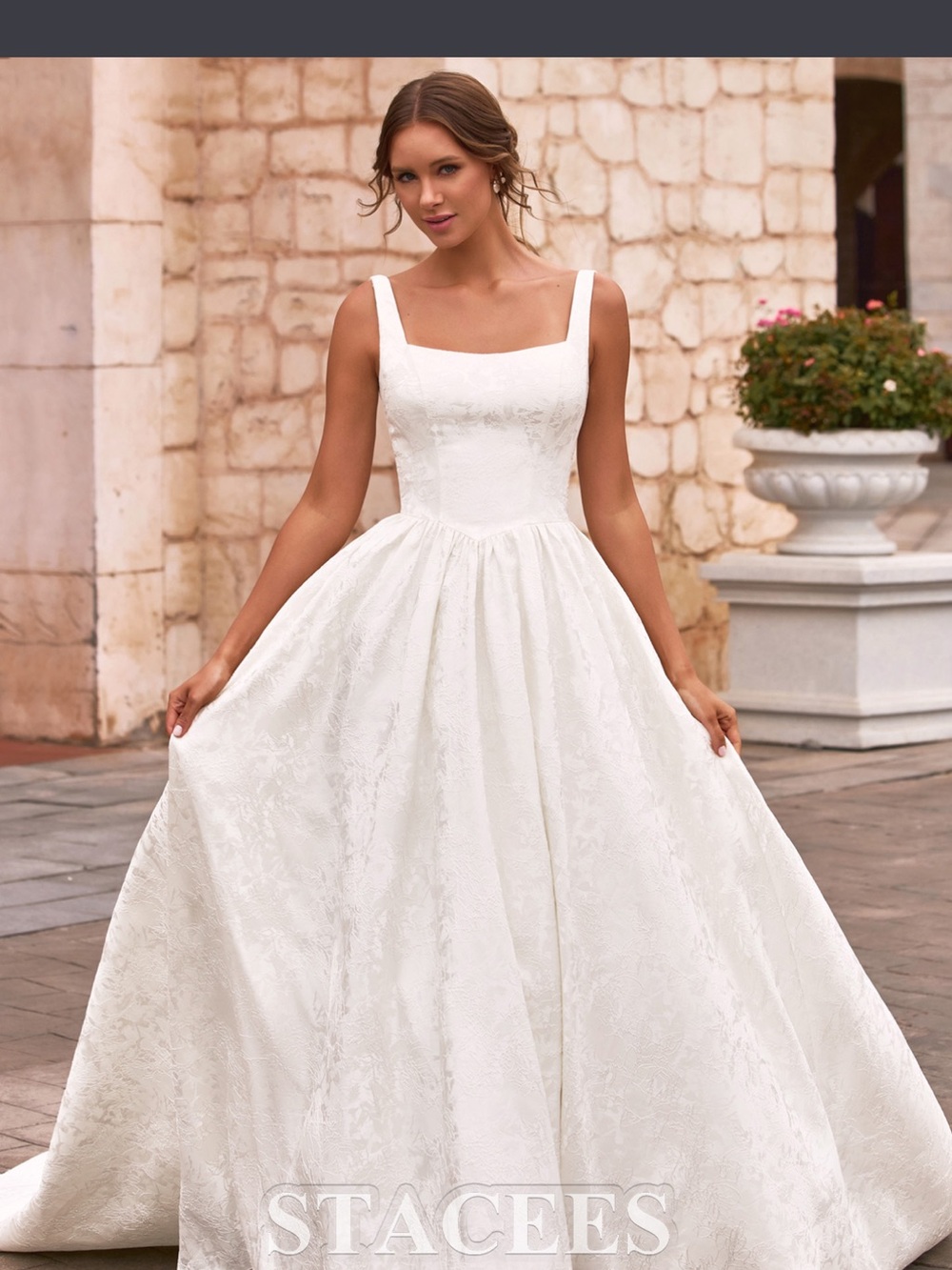 Classic Square‑Neck Jacquard Wedding Dress with Bow Back